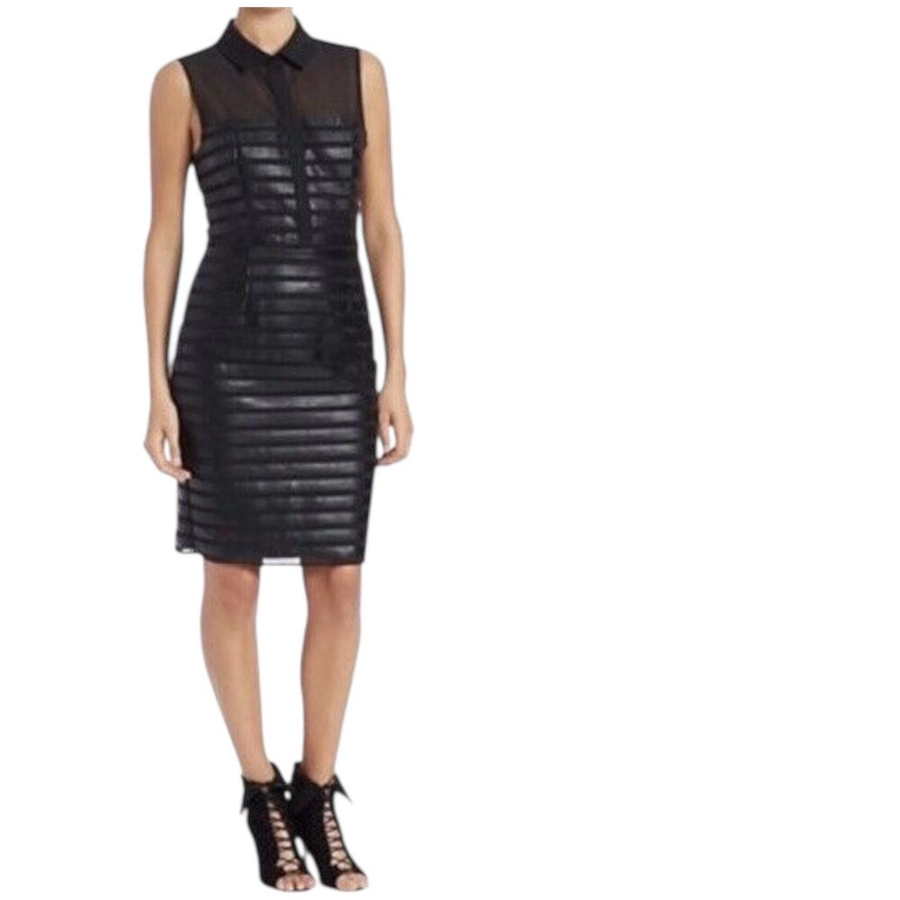 Rachel Rachel Roy Faux Leather Striped Dress Mesh Neckline Bodycon Style Sexy 4
